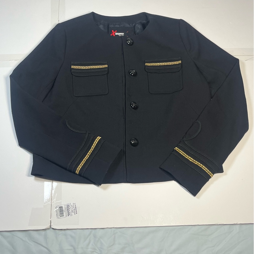 SINEQUANONE Womens Military Jacket Embroidered Crop Button Front Black Gold Goth